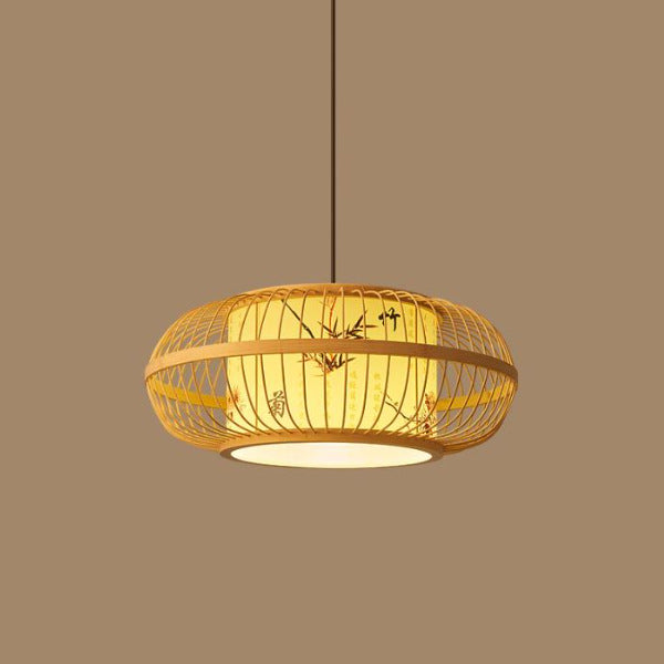 Traditional Chinese Weaving Iron Bamboo Parchment Lantern Cylinder 1-Light Pendant Light For Dining Room