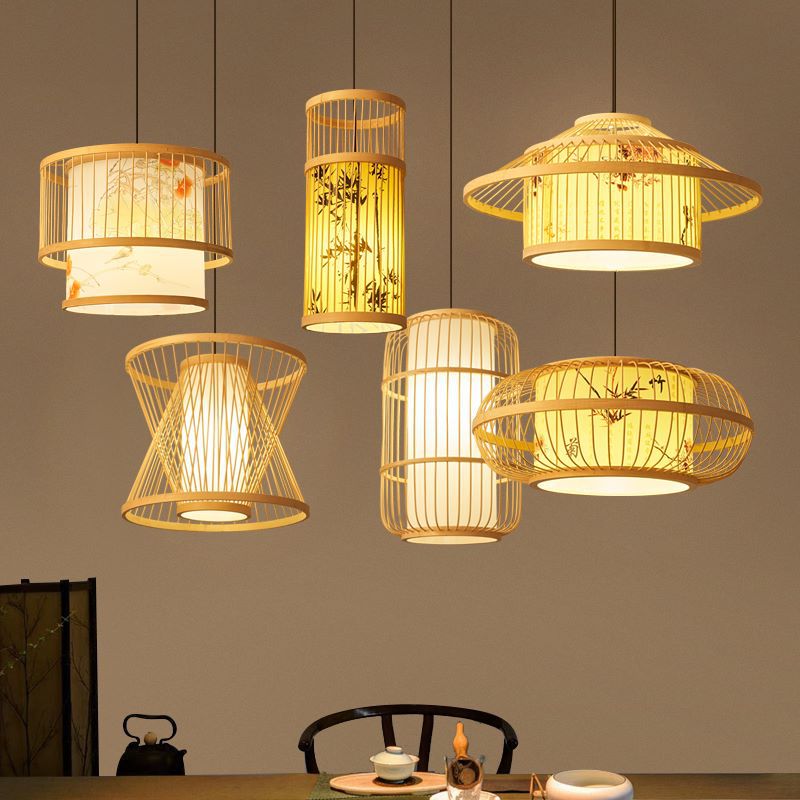 Traditional Chinese Weaving Iron Bamboo Parchment Lantern Cylinder 1-Light Pendant Light For Dining Room