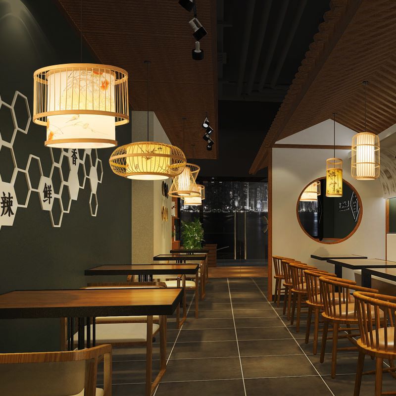 Traditional Chinese Weaving Iron Bamboo Parchment Lantern Cylinder 1-Light Pendant Light For Dining Room
