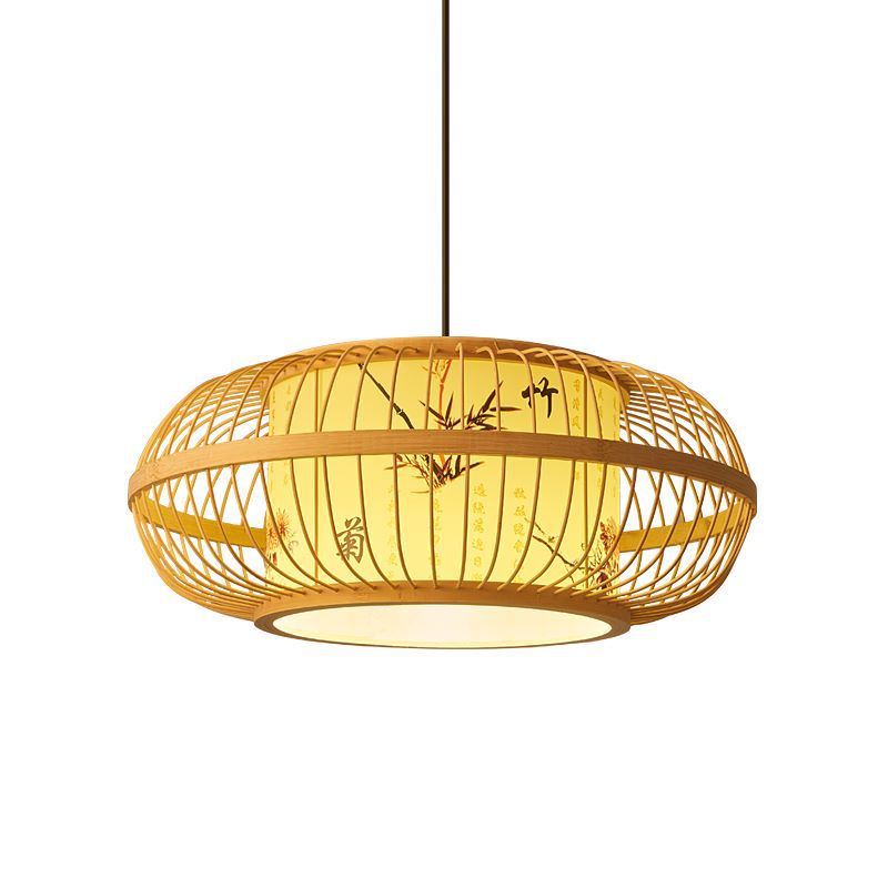 Traditional Chinese Weaving Iron Bamboo Parchment Lantern Cylinder 1-Light Pendant Light For Dining Room