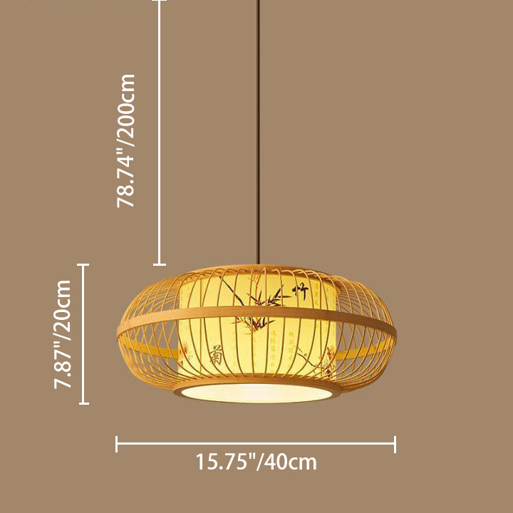 Traditional Chinese Weaving Iron Bamboo Parchment Lantern Cylinder 1-Light Pendant Light For Dining Room
