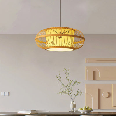 Traditional Chinese Weaving Iron Bamboo Parchment Lantern Cylinder 1-Light Pendant Light For Dining Room