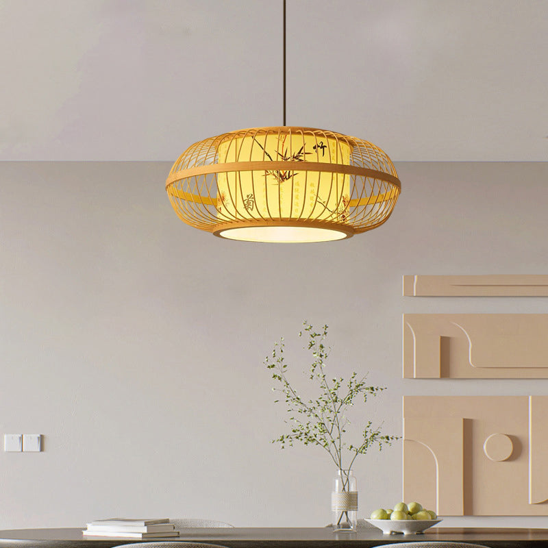 Traditional Chinese Weaving Iron Bamboo Parchment Lantern Cylinder 1-Light Pendant Light For Dining Room