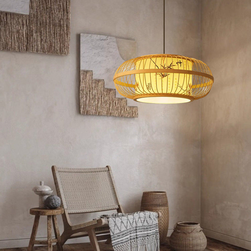 Traditional Chinese Weaving Iron Bamboo Parchment Lantern Cylinder 1-Light Pendant Light For Dining Room