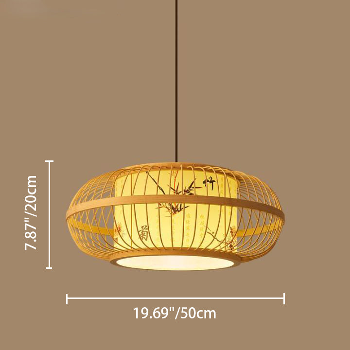 Traditional Chinese Weaving Iron Bamboo Parchment Lantern Cylinder 1-Light Pendant Light For Dining Room