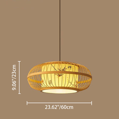 Traditional Chinese Weaving Iron Bamboo Parchment Lantern Cylinder 1-Light Pendant Light For Dining Room