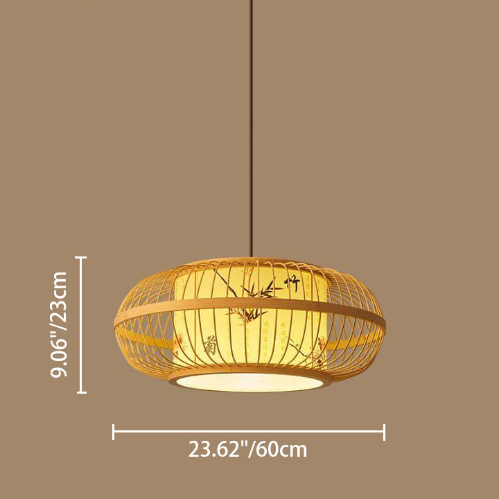 Traditional Chinese Weaving Iron Bamboo Parchment Lantern Cylinder 1-Light Pendant Light For Dining Room