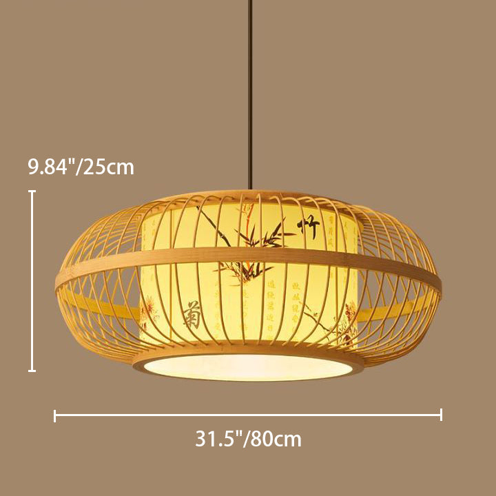 Traditional Chinese Weaving Iron Bamboo Parchment Lantern Cylinder 1-Light Pendant Light For Dining Room
