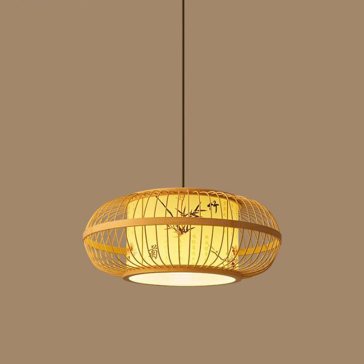 Traditional Chinese Weaving Iron Bamboo Parchment Lantern Cylinder 1-Light Pendant Light For Dining Room