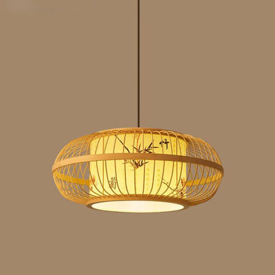 Traditional Chinese Weaving Iron Bamboo Parchment Lantern Cylinder 1-Light Pendant Light For Dining Room