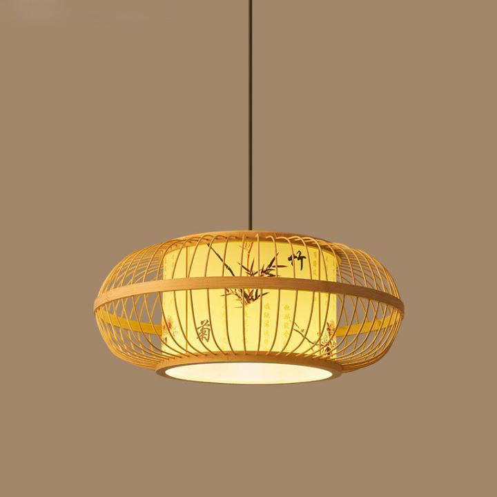 Traditional Chinese Weaving Iron Bamboo Parchment Lantern Cylinder 1-Light Pendant Light For Dining Room