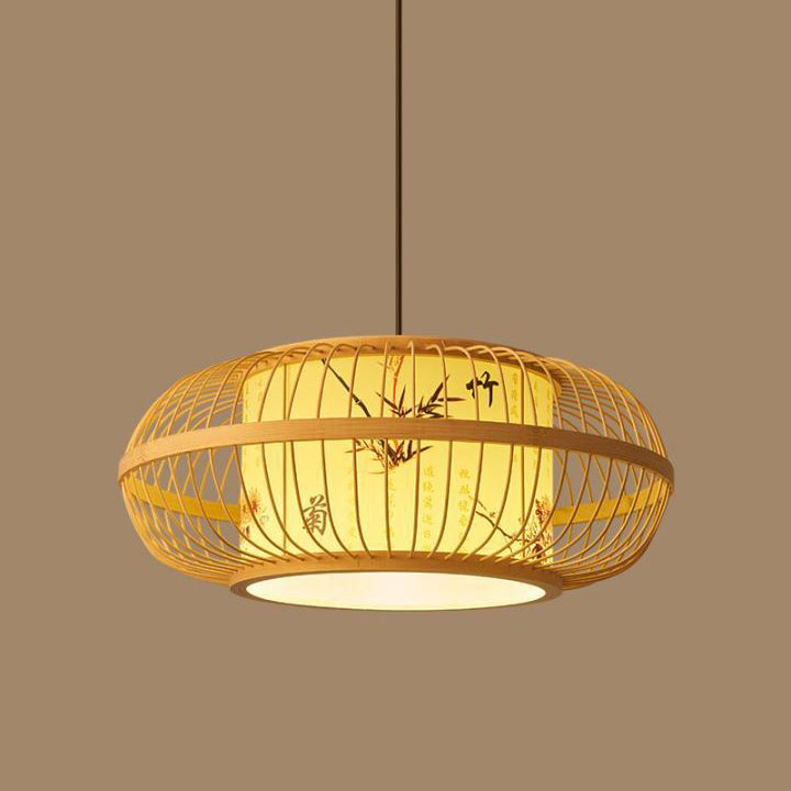 Traditional Chinese Weaving Iron Bamboo Parchment Lantern Cylinder 1-Light Pendant Light For Dining Room