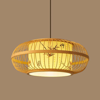 Traditional Chinese Weaving Iron Bamboo Parchment Lantern Cylinder 1-Light Pendant Light For Dining Room