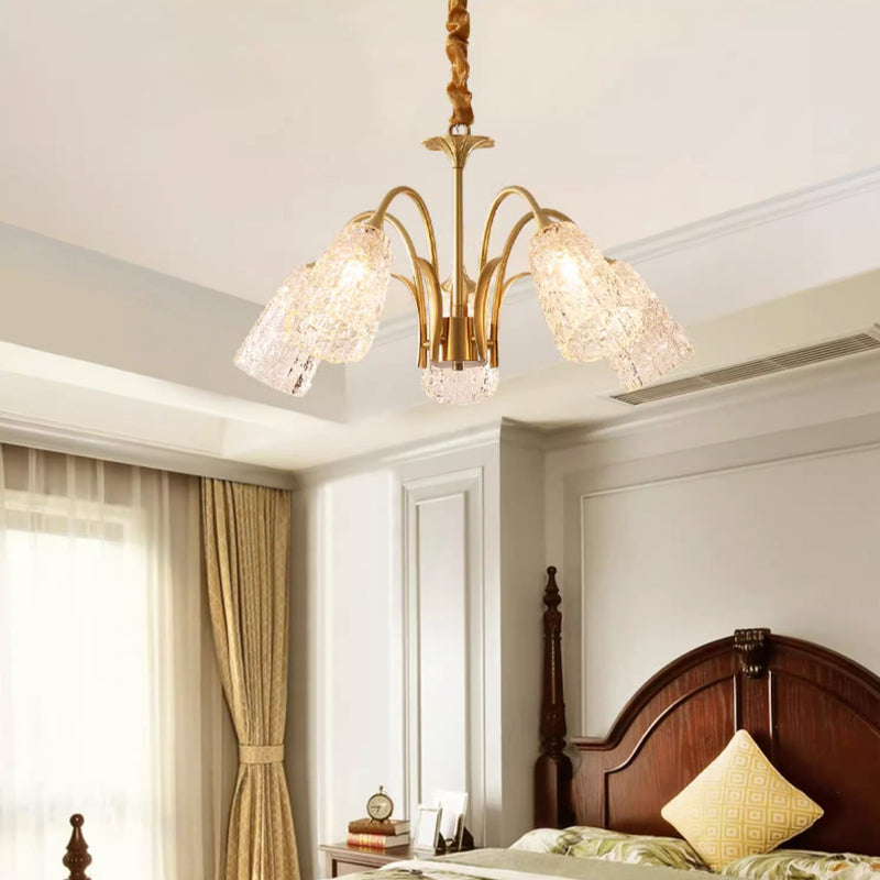 Lustres Contemporains de Luxe en Laiton et Verre Cylindre Texture 3/5/6/8/10 Lumières pour Salon 
