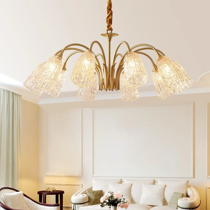 Lustres Contemporains de Luxe en Laiton et Verre Cylindre Texture 3/5/6/8/10 Lumières pour Salon 