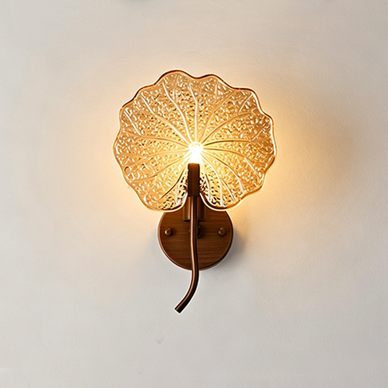 Traditional Vintage Round Glass Iron 1-Light Lotus-Shaped Wall Sconce Lamp For Bedroom