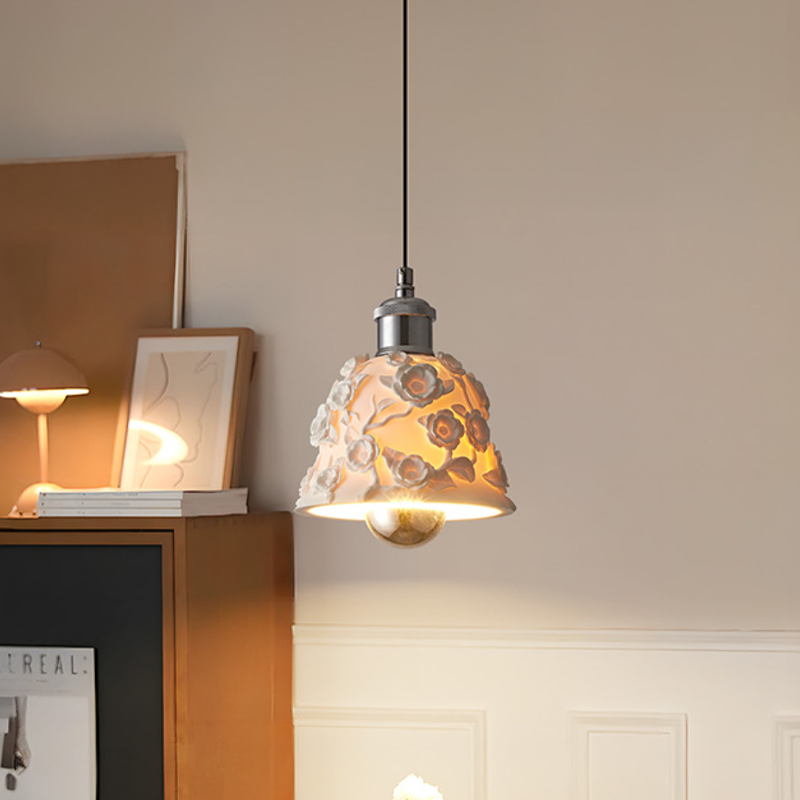 Traditional French Round Floral Relief Resin Iron 1-Light Pendant Light For Living Room
