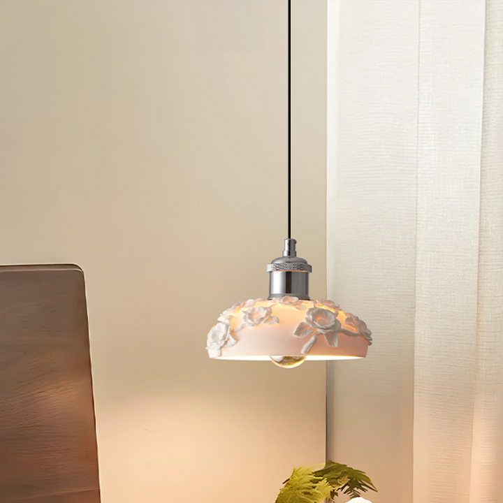 Traditional French Round Floral Relief Resin Iron 1-Light Pendant Light For Living Room