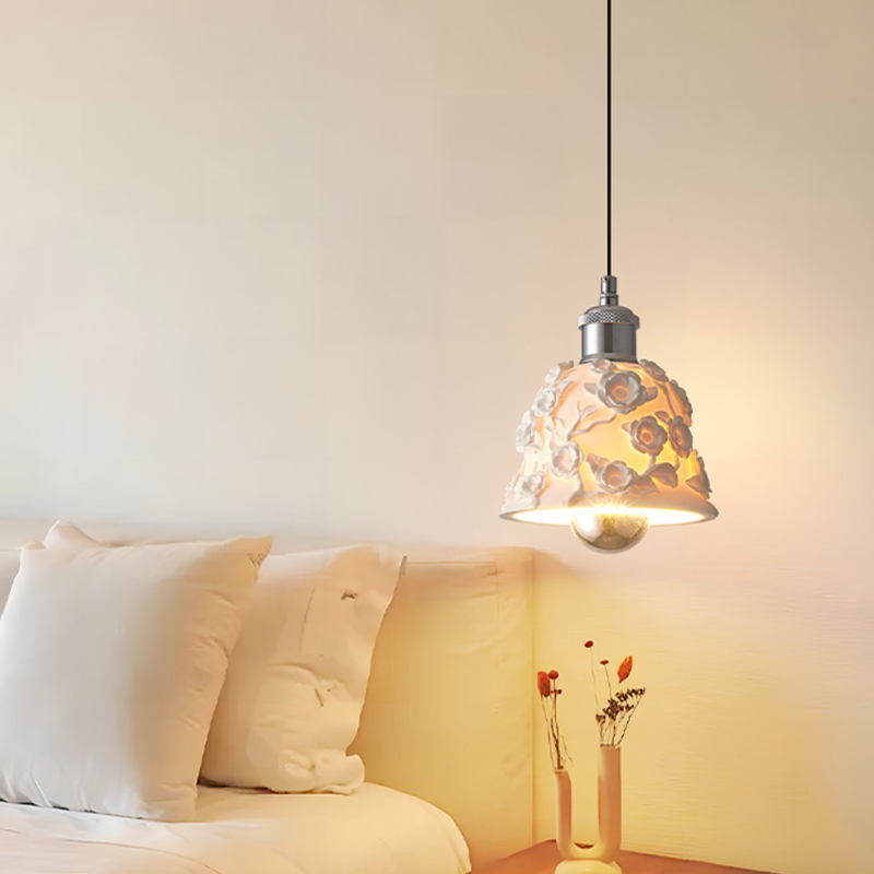 Traditional French Round Floral Relief Resin Iron 1-Light Pendant Light For Living Room