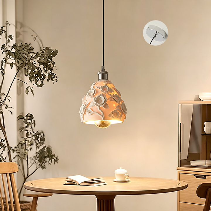 Traditional French Round Floral Relief Resin Iron 1-Light Pendant Light For Living Room
