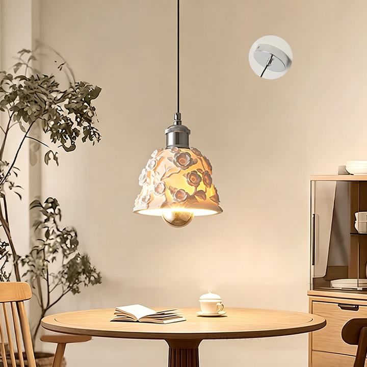 Traditional French Round Floral Relief Resin Iron 1-Light Pendant Light For Living Room