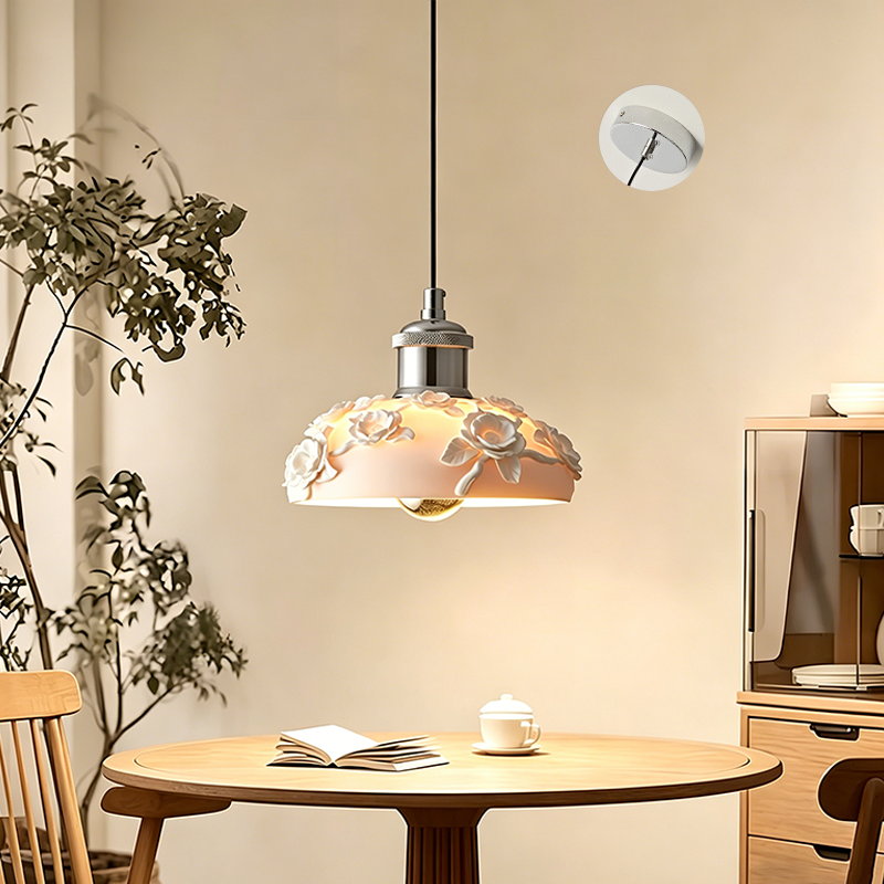 Traditional French Round Floral Relief Resin Iron 1-Light Pendant Light For Living Room