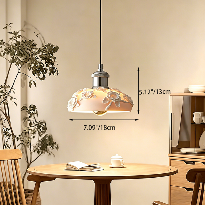 Traditional French Round Floral Relief Resin Iron 1-Light Pendant Light For Living Room