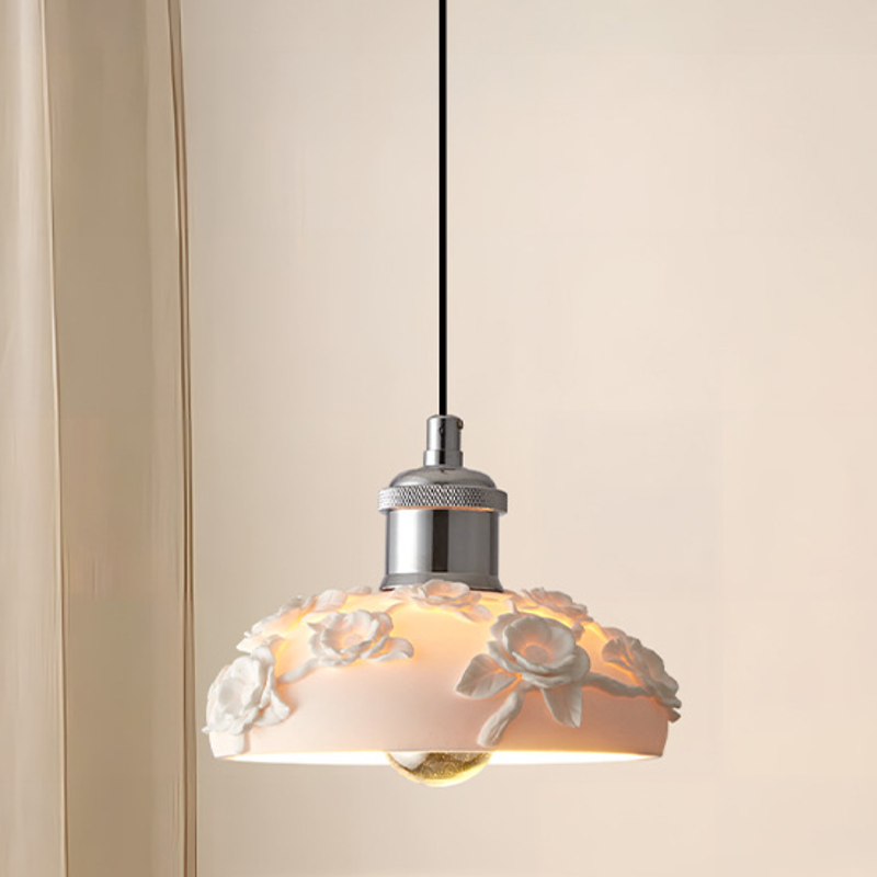 Traditional French Round Floral Relief Resin Iron 1-Light Pendant Light For Living Room