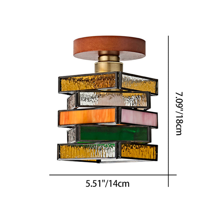 Traditional Tiffany Square Glass Walnut 1-Light Semi-Flush Mount Ceiling Light For Entryway