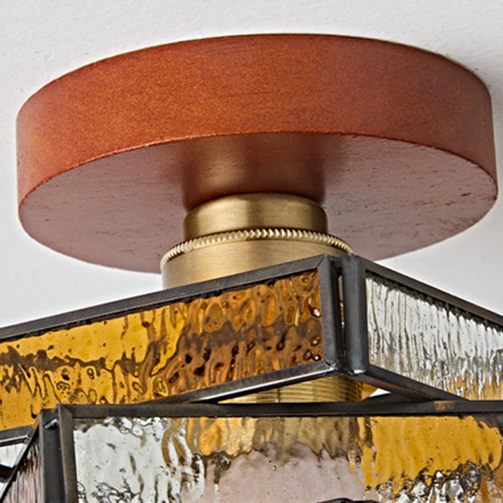 Traditional Tiffany Square Glass Walnut 1-Light Semi-Flush Mount Ceiling Light For Entryway