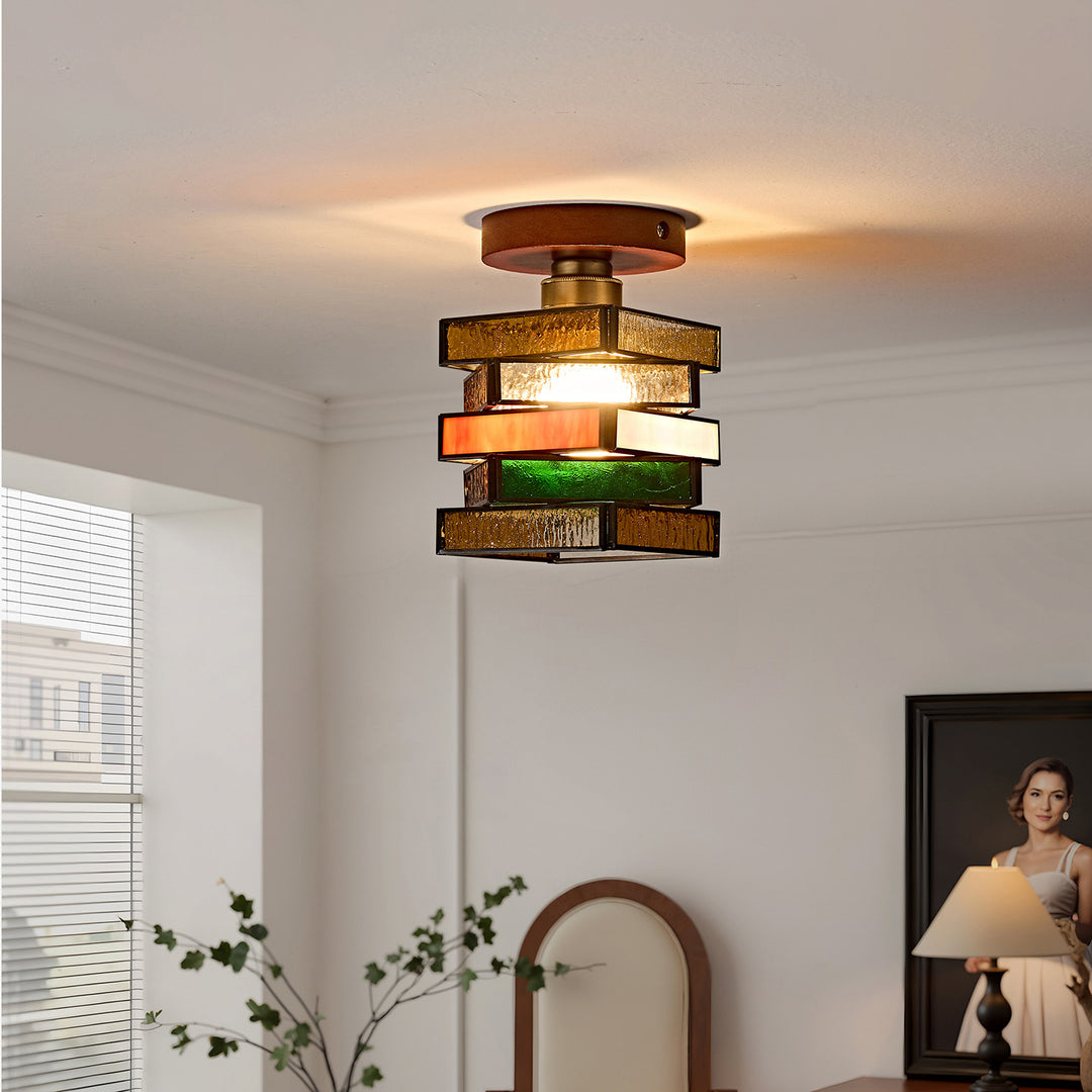 Traditional Tiffany Square Glass Walnut 1-Light Semi-Flush Mount Ceiling Light For Entryway