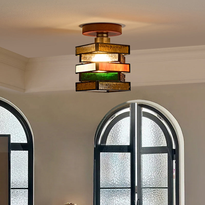 Traditional Tiffany Square Glass Walnut 1-Light Semi-Flush Mount Ceiling Light For Entryway