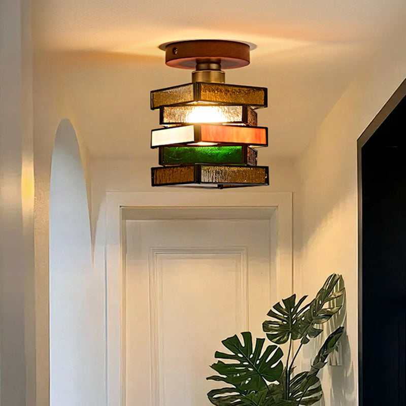 Traditional Tiffany Square Glass Walnut 1-Light Semi-Flush Mount Ceiling Light For Entryway