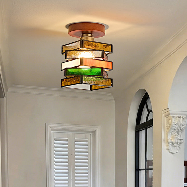 Traditional Tiffany Square Glass Walnut 1-Light Semi-Flush Mount Ceiling Light For Entryway