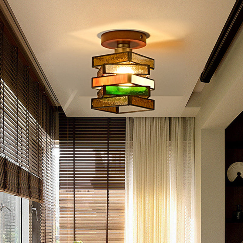 Traditional Tiffany Square Glass Walnut 1-Light Semi-Flush Mount Ceiling Light For Entryway