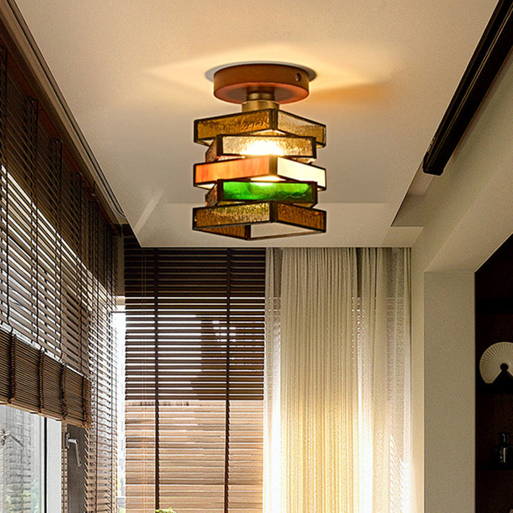 Traditional Tiffany Square Glass Walnut 1-Light Semi-Flush Mount Ceiling Light For Entryway