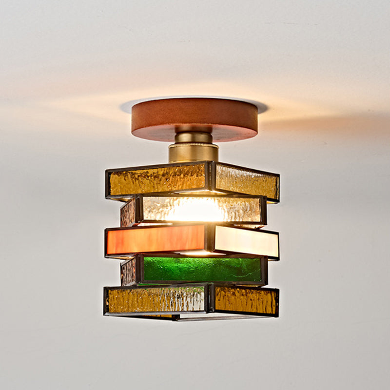 Traditional Tiffany Square Glass Walnut 1-Light Semi-Flush Mount Ceiling Light For Entryway
