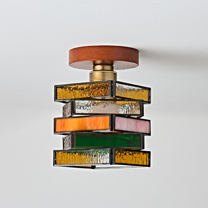 Traditional Tiffany Square Glass Walnut 1-Light Semi-Flush Mount Ceiling Light For Entryway