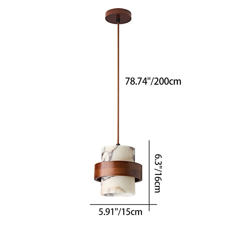 Traditional French Round Marble Walnut 1-Light Pendant Light For Living Room