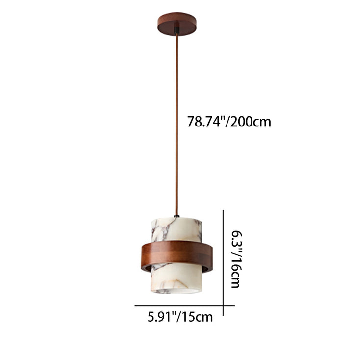 Traditional French Round Marble Walnut 1-Light Pendant Light For Living Room