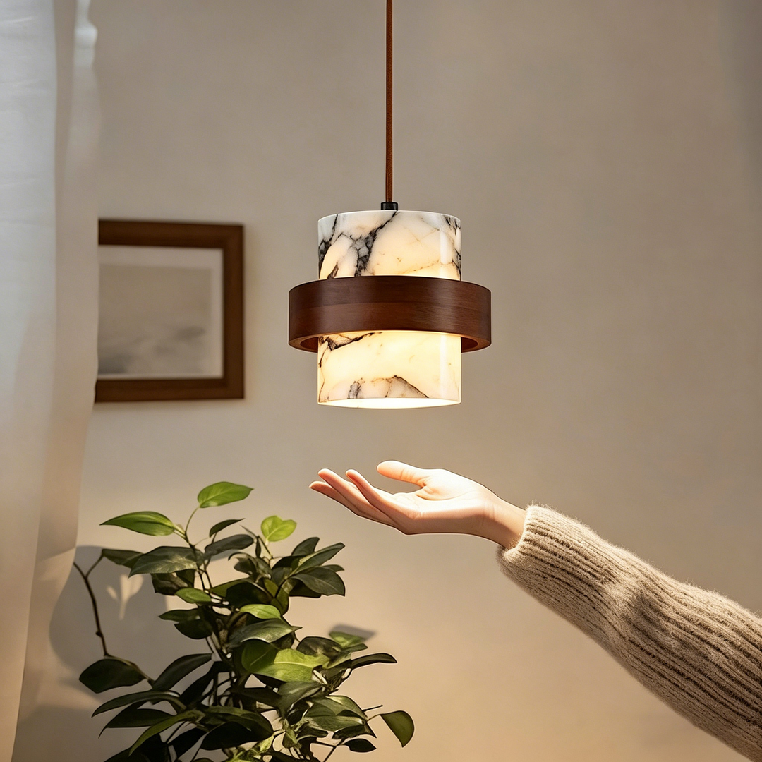 Traditional French Round Marble Walnut 1-Light Pendant Light For Living Room