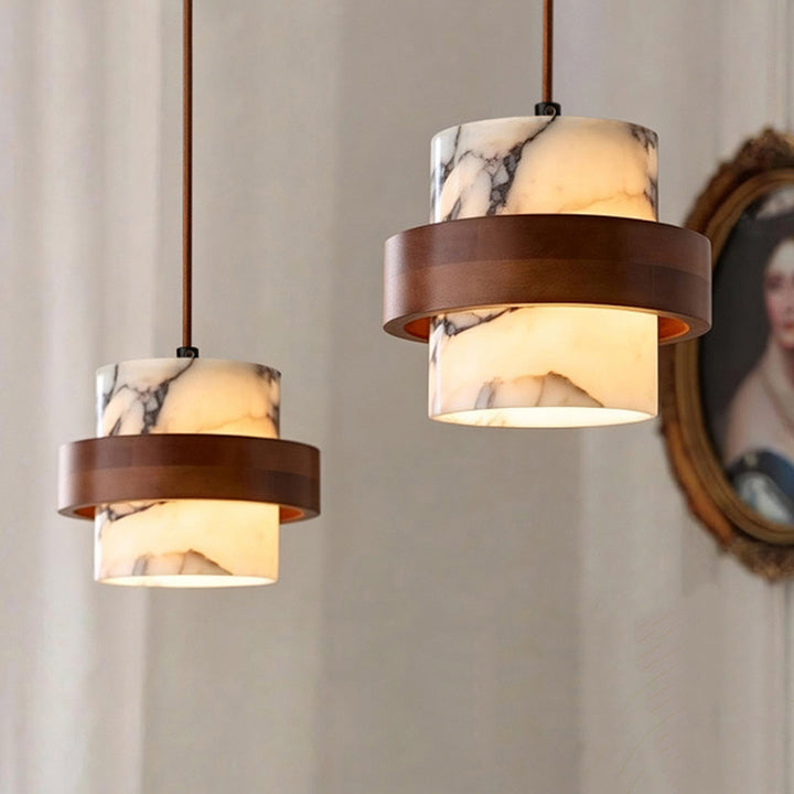 Traditional French Round Marble Walnut 1-Light Pendant Light For Living Room
