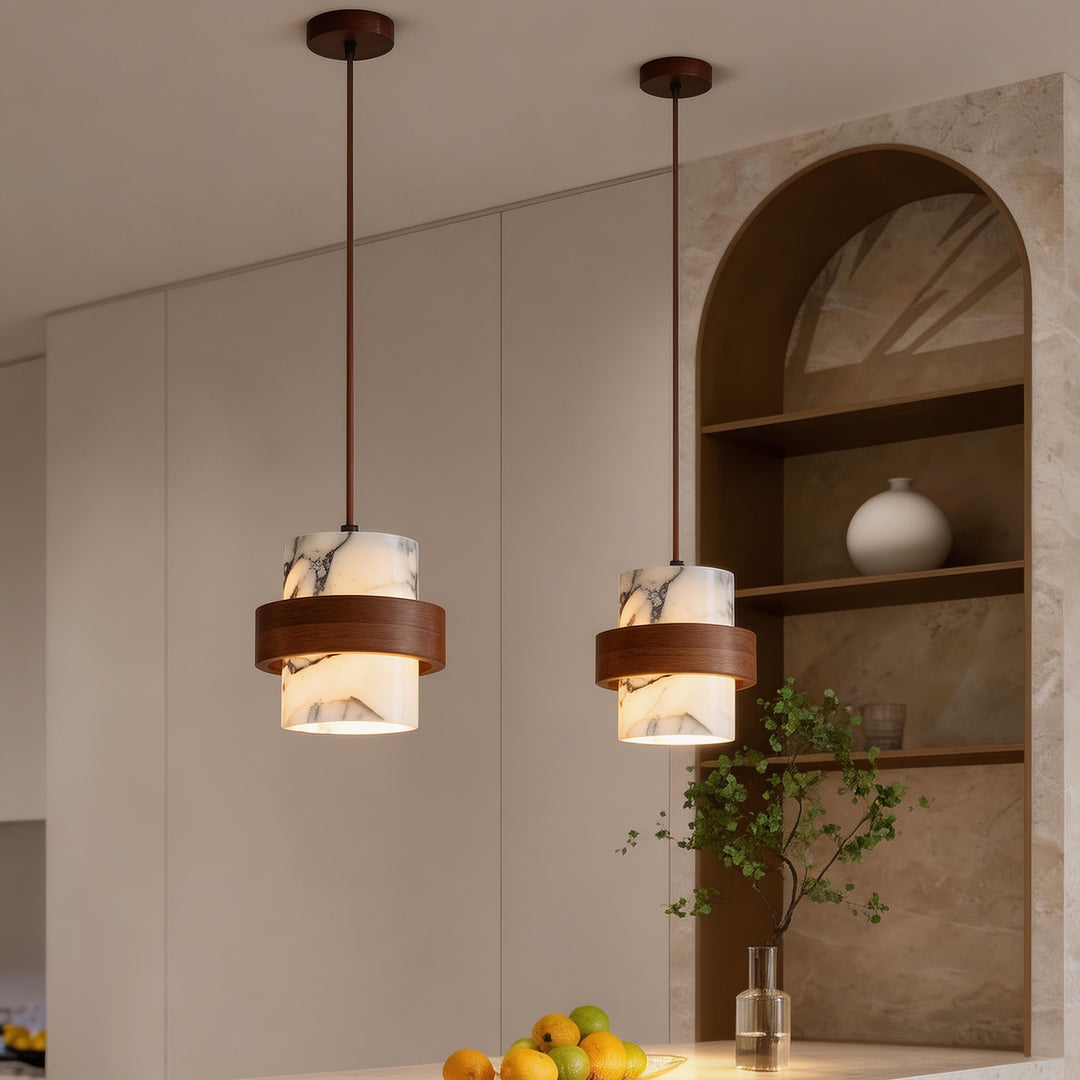 Traditional French Round Marble Walnut 1-Light Pendant Light For Living Room