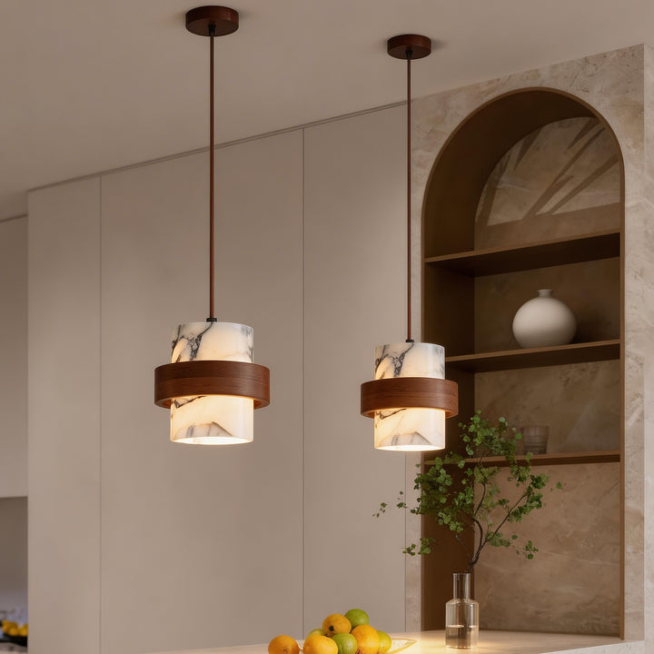 Traditional French Round Marble Walnut 1-Light Pendant Light For Living Room