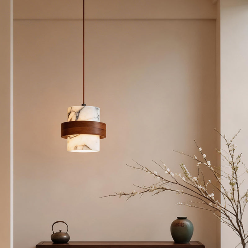 Traditional French Round Marble Walnut 1-Light Pendant Light For Living Room