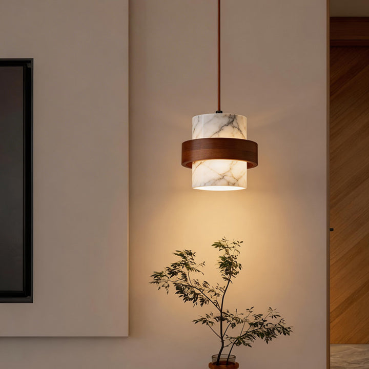 Traditional French Round Marble Walnut 1-Light Pendant Light For Living Room