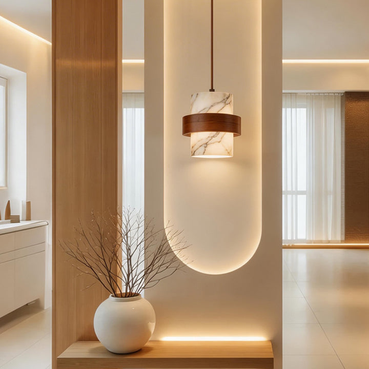 Traditional French Round Marble Walnut 1-Light Pendant Light For Living Room