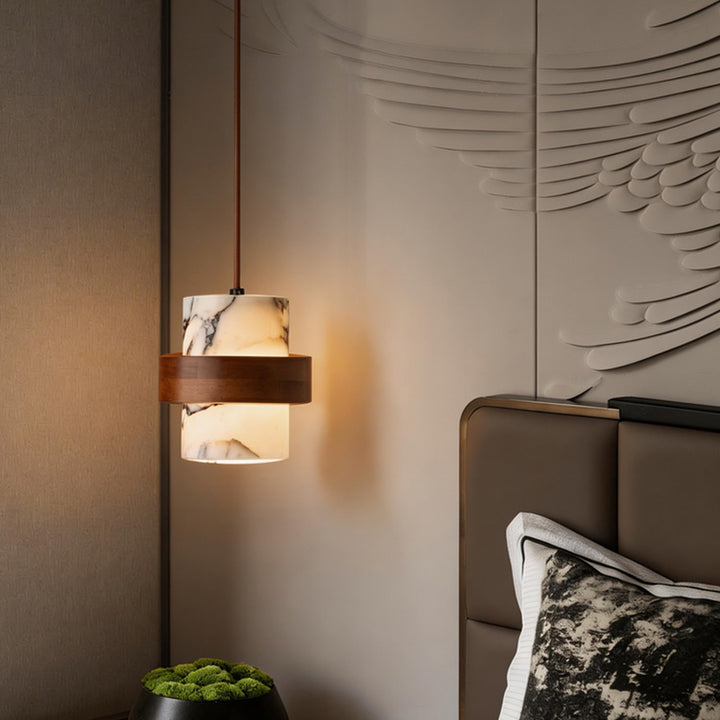 Traditional French Round Marble Walnut 1-Light Pendant Light For Living Room