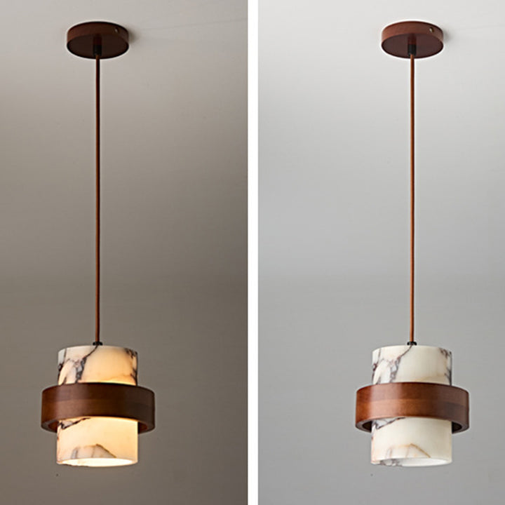 Traditional French Round Marble Walnut 1-Light Pendant Light For Living Room
