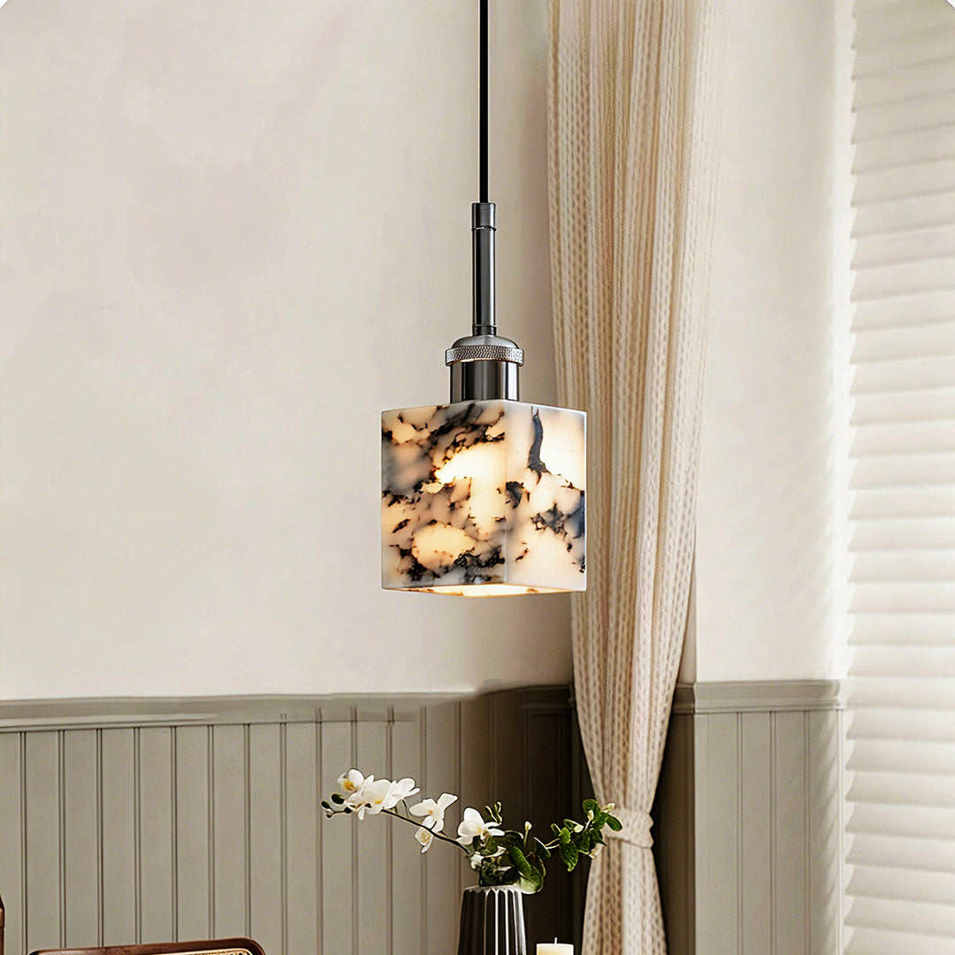 Traditional French Square Marble Iron 1-Light Pendant Light For Living Room